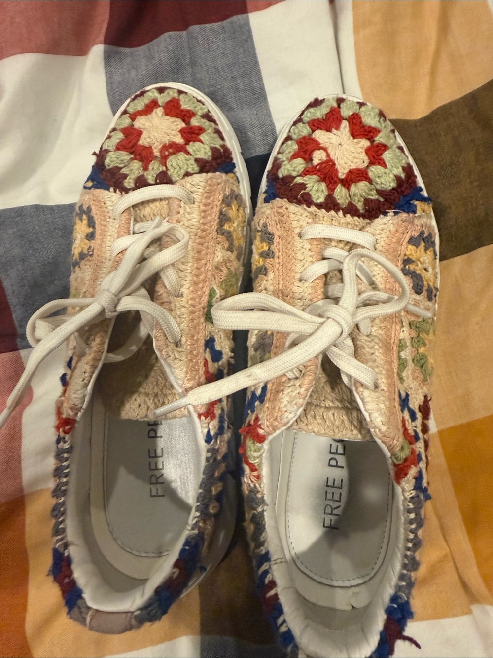 Free People Cream Multicolor Crochet Lace-Up Sneakers 8.5 worn once!